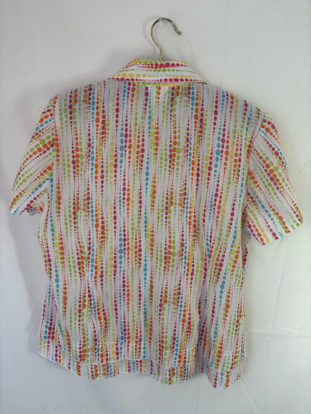 Cotton Blend White Rainbow Polka‎ Dot Lightweight Boho Short Sleeve Button Up M